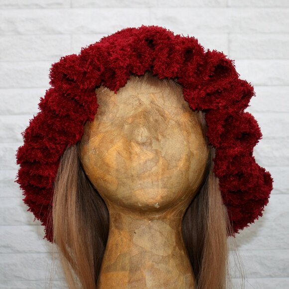 HAND CRAFTED Hat Crochet Bucket Teddy Faux Fur Winter Full Ruffle Red Burgundy - Picture 2 of 11